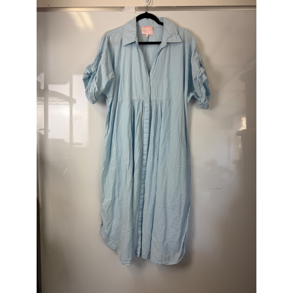 Us Together Women 2X Light Blue Cotton Button Front Midi Shirt Dress Short Slv